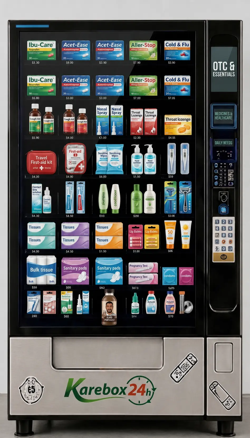 KareBox24/7 vending machine stocked with OTC medicine, personal care, and travel essentials